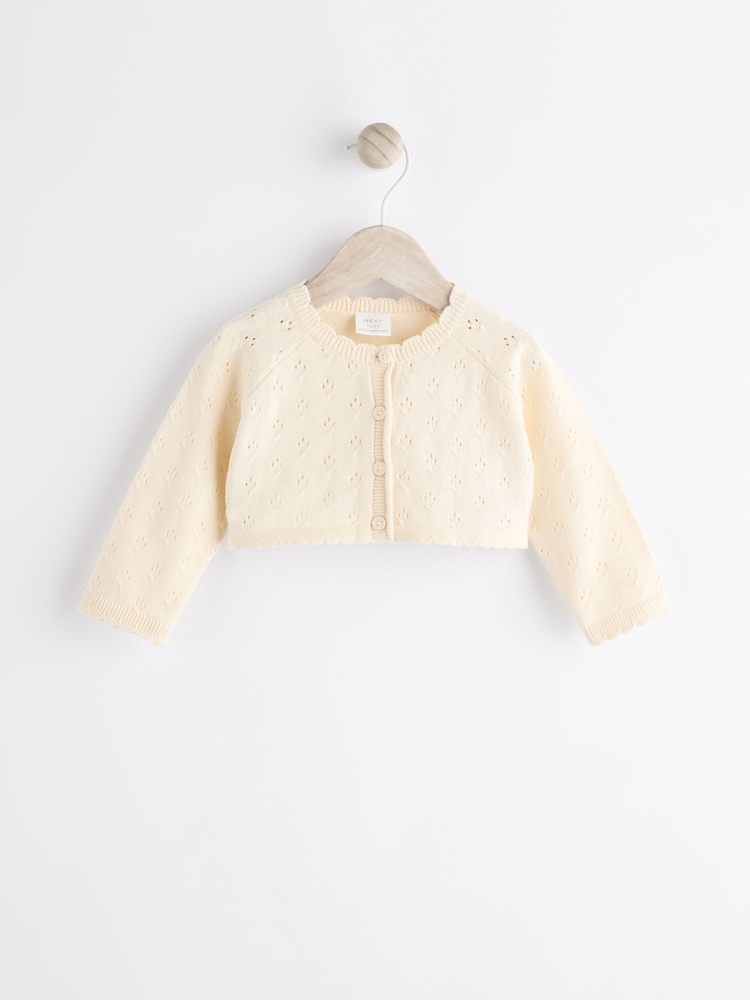 Cream - Pointelle dojenček 100% Cotton Knitted kratka jopa z enim gumbom pletena jopa (0mths-2yrs) - Slika 1 iz 7