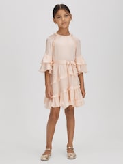 Reiss Pink Polly Senior Textured Satin Frilly Dress - Image 1 of 1