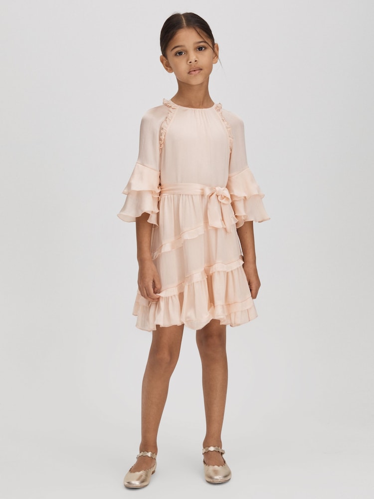 Reiss Pink Polly Senior Textured Satin Frilly Dress - Image 1 of 1