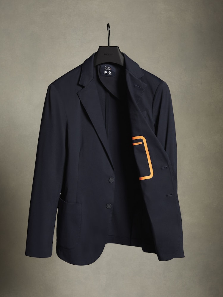 Reiss x McLaren F1 Team Navy McLaren F1 Slim Fit Technical Single Breasted Blazer - Image 2 of 7 Reiss x McLaren F1 Team Navy McLaren F1 Slim Fit Technical Single Breasted Blazer - Image 2 of 7