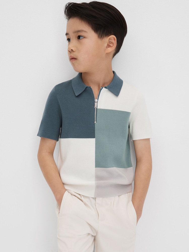 Reiss Sage Delta 13-14 yrs Colourblock Half-Zip Polo Shirt - Image 2 of 6