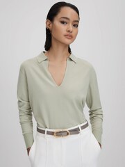 Reiss Sage Nellie Knitted Collared V-Neck Top - Image 1 of 1