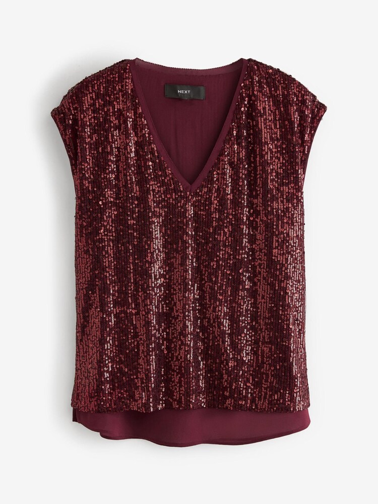 Berry Red Sequin V-Neck Top - Image 2 of 3 Berry Red Sequin V-Neck Top - Image 2 of 3
