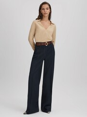 Reiss Stone Nellie Knitted Collared V-Neck Top - Image 1 of 1