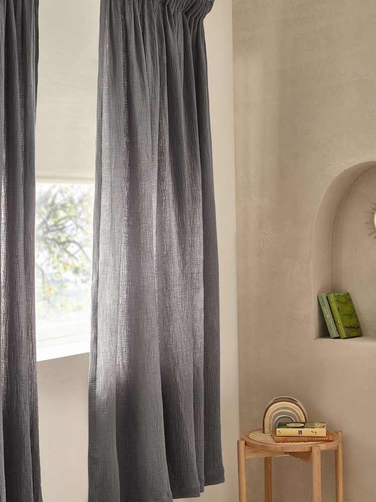 Charcoal Grey 100% Cotton Crinkle Pencil Pleat Curtains - Image 1 of 5
