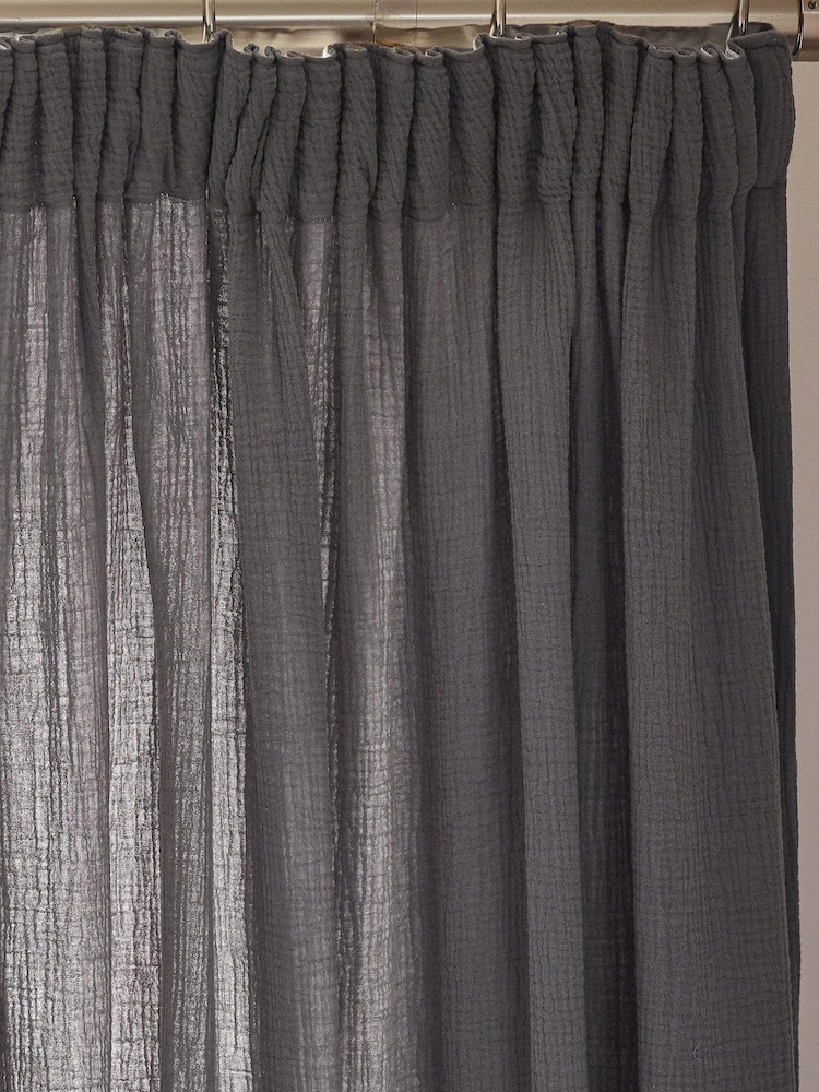 Charcoal Grey 100% Cotton Crinkle Pencil Pleat Curtains - Image 2 of 5