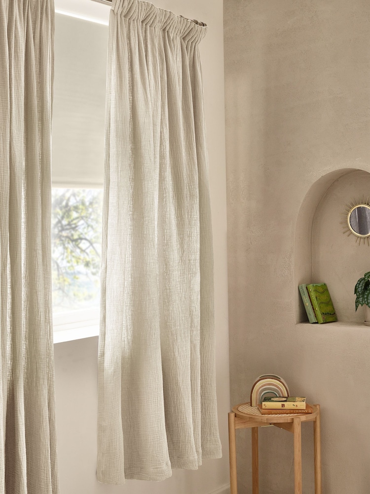 Natural 100% Cotton Crinkle Pencil Pleat Curtains - Image 1 of 4