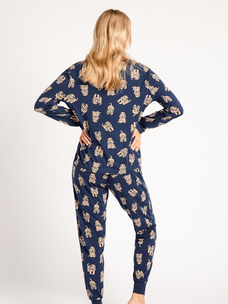 Chelsea Peers Blue Maternity Navy Cockapoo Print Crewneck Long Pyjama Set - Image 2 of 5
