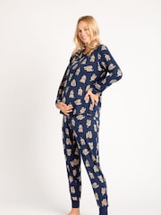 Chelsea Peers Blue Maternity Navy Cockapoo Print Crewneck Long Pyjama Set - Image 3 of 5