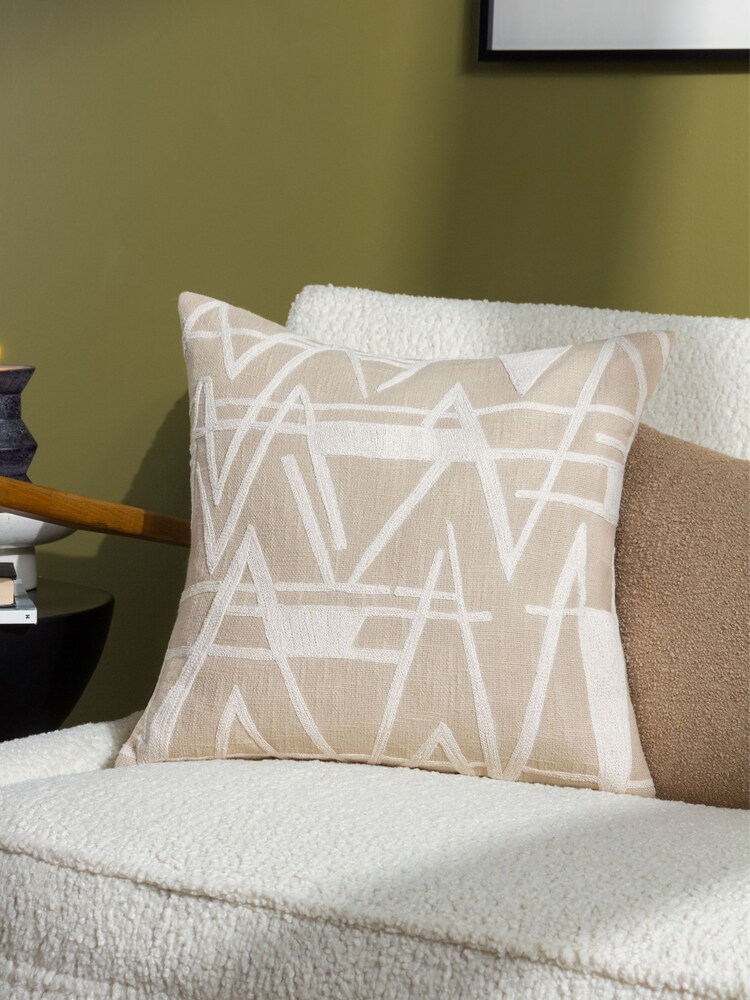HÖEM Natural Vannes Embroidered Feather Filled 100% Cotton Cushion - Image 1 of 7