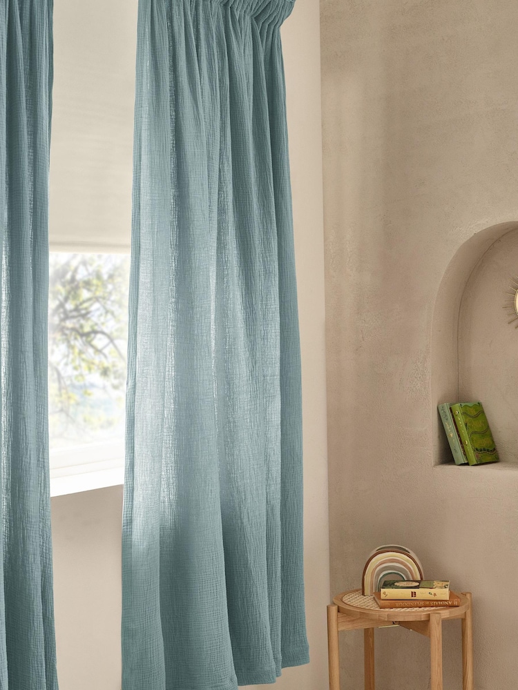 Modern Blue 100% Cotton Crinkle Pencil Pleat Curtains - Image 1 of 5