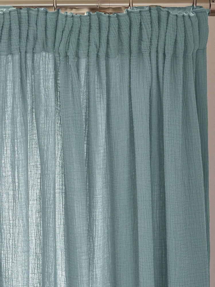 Modern Blue 100% Cotton Crinkle Pencil Pleat Curtains - Image 2 of 5
