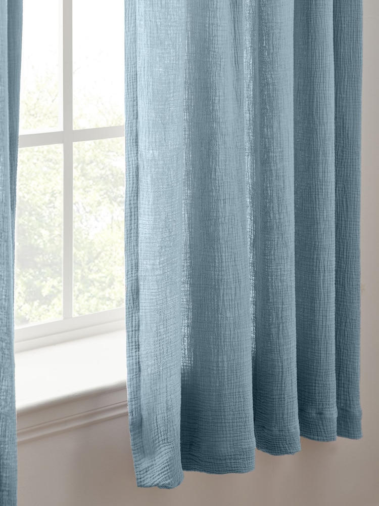 Modern Blue 100% Cotton Crinkle Pencil Pleat Curtains - Image 2 of 3 Modern Blue 100% Cotton Crinkle Pencil Pleat Curtains - Image 2 of 3