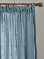 Modern Blue 100% Cotton Crinkle Pencil Pleat Curtains - Image 5 of 5