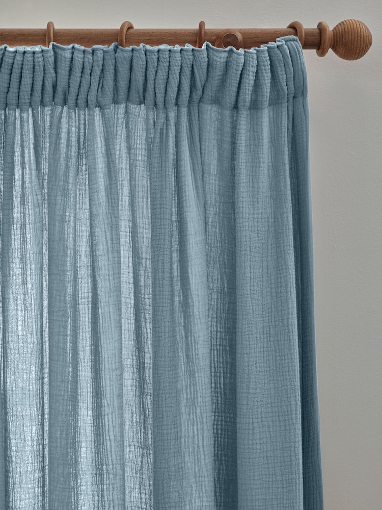 Modern Blue 100% Cotton Crinkle Pencil Pleat Curtains - Image 5 of 5
