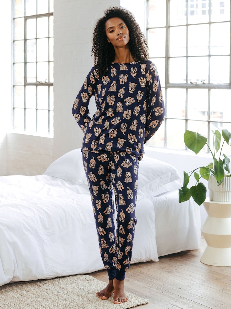 Chelsea Peers Blue Trouser Pyjamas Cockapoo Print Crewneck Long Pyjama Set - Image 1 of 5