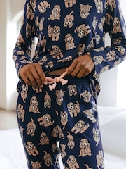 Chelsea Peers Blue Trouser Pyjamas Cockapoo Print Crewneck Long Pyjama Set - Image 3 of 5