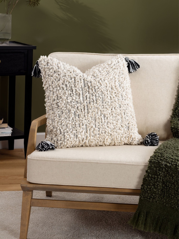 HÖEM Black Cambre Boucle Tasselled Feather Filled 100% Cotton Cushion - Image 1 of 6