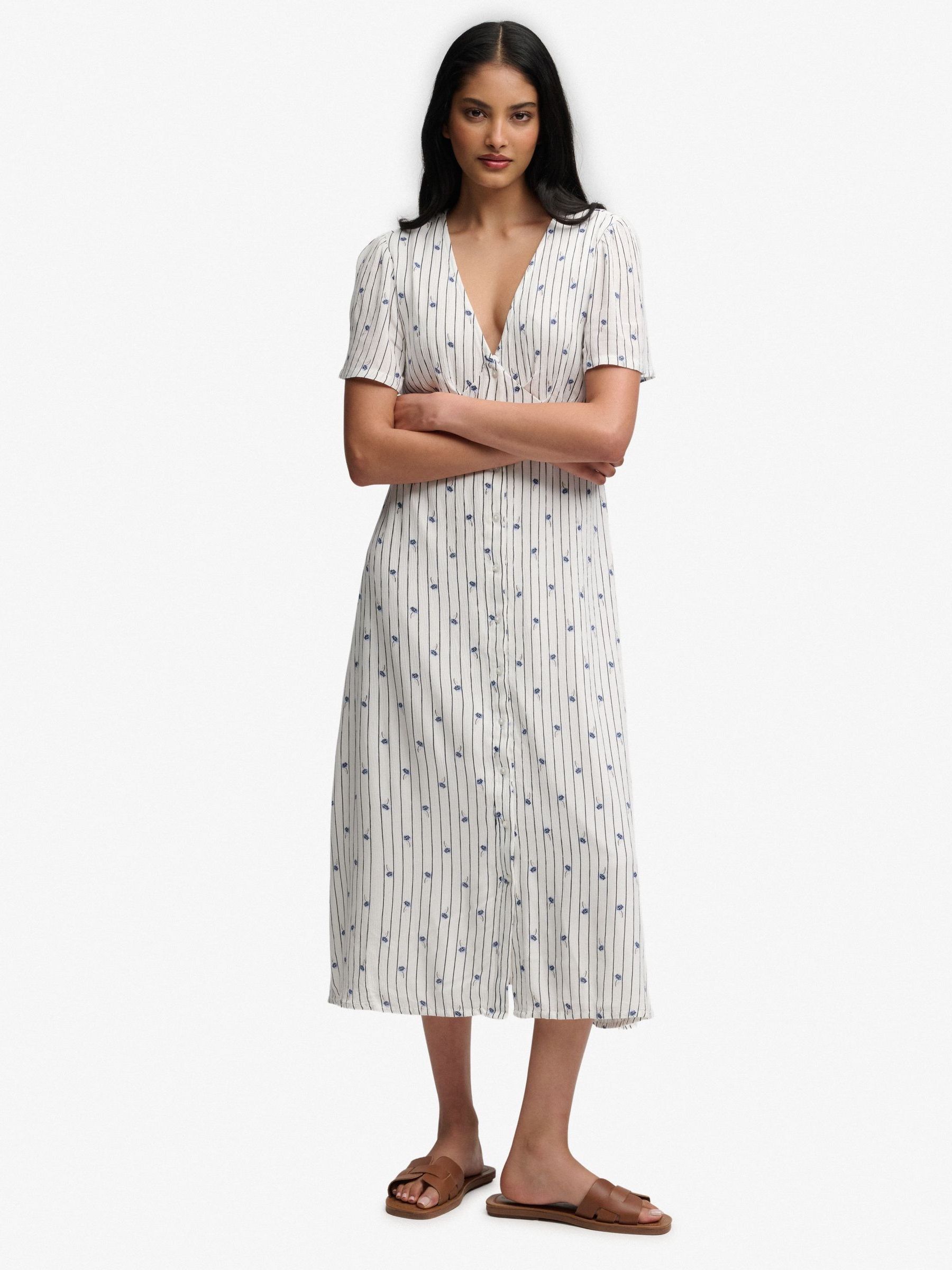 Superdry Women's Cream Printed Button Short Sleeve Midi Tea Dress - Image 1