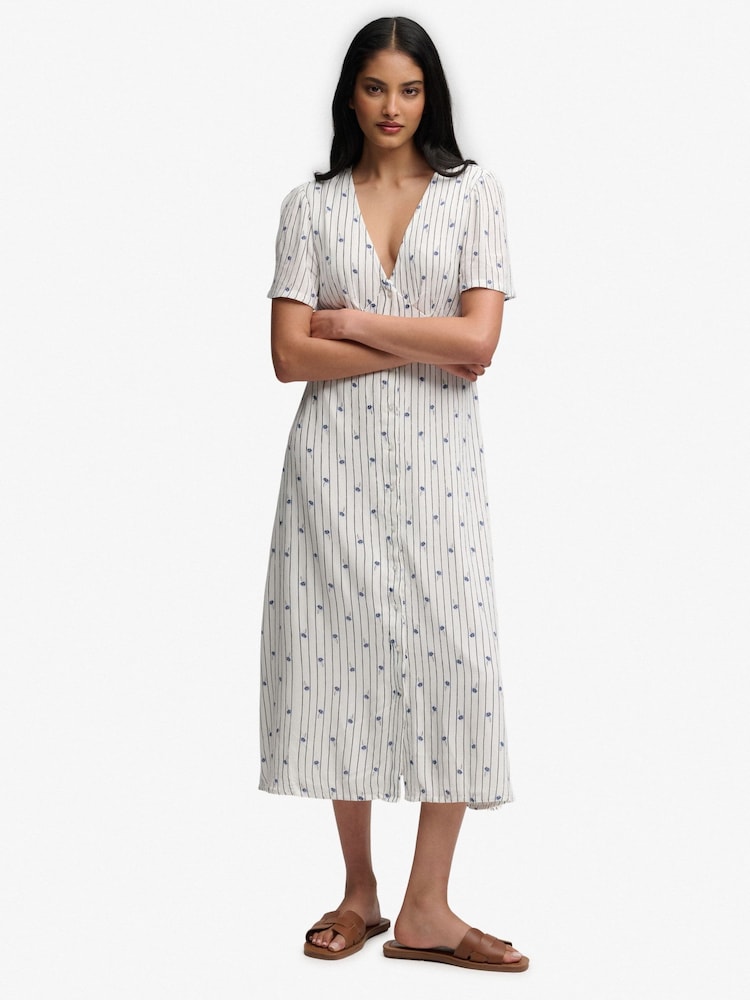 SUPERDRY Cream Printed Button Short Sleeve Midi Tea Dress - Image 1 of 7