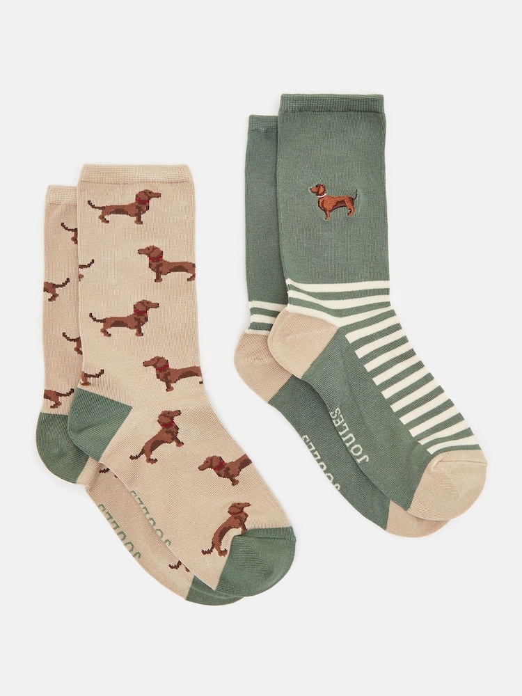 Joules Women's Everyday Green/Ecru 2 Pack Socks (size 4-8) - Image 1 of 3