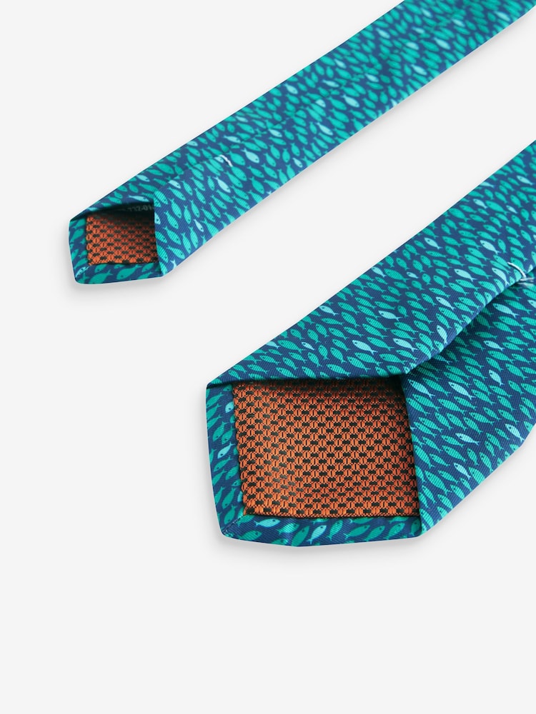 Navy Blue/Teal Blue Fish Pattern Tie - Image 3 of 3