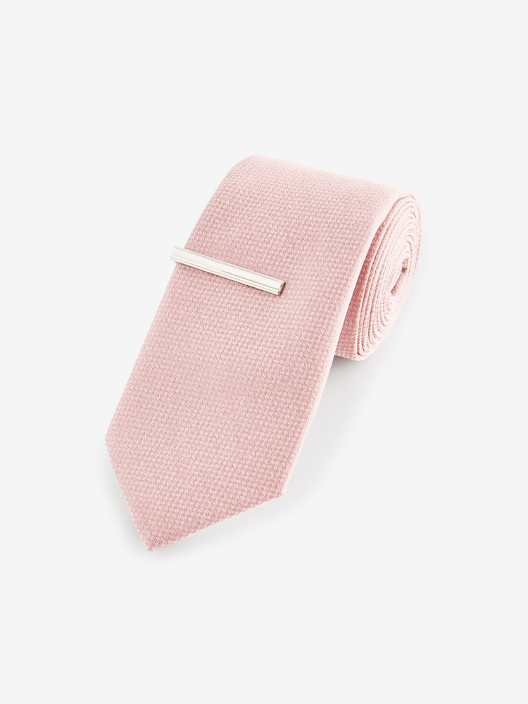 Light Pink Slim Textured Tie And Clip Set - Image 1 of 3
