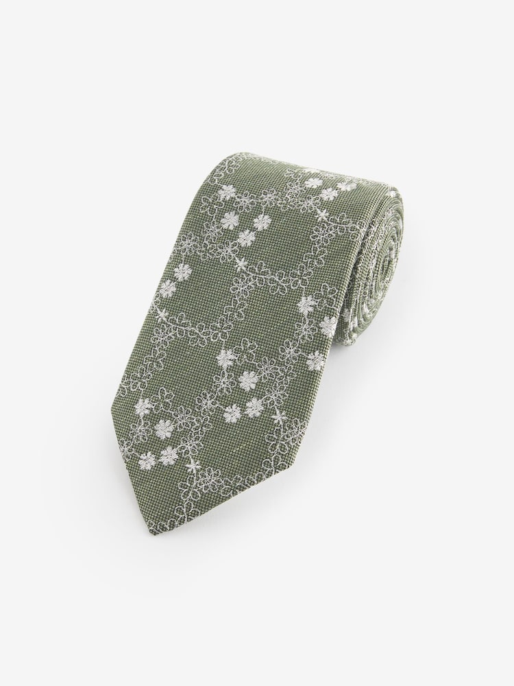 Green Embroidered Floral Pattern Tie - Image 1 of 3