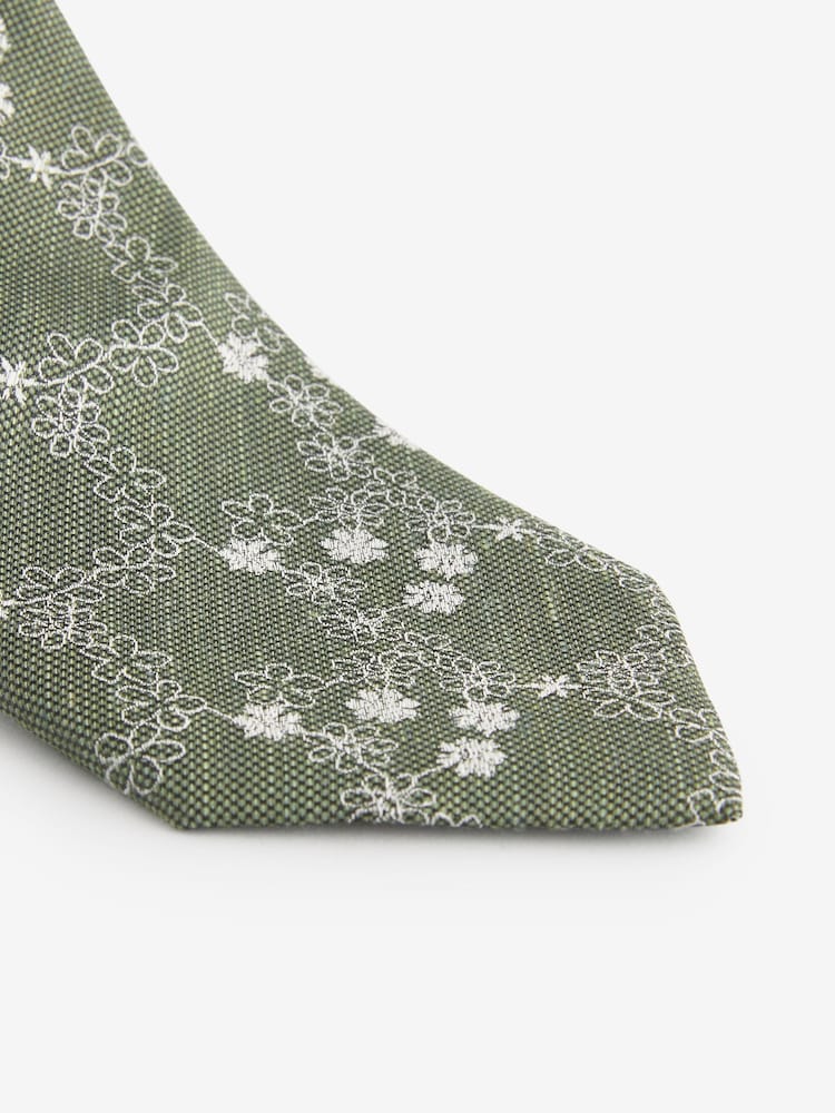 Green Embroidered Floral Pattern Tie - Image 2 of 3
