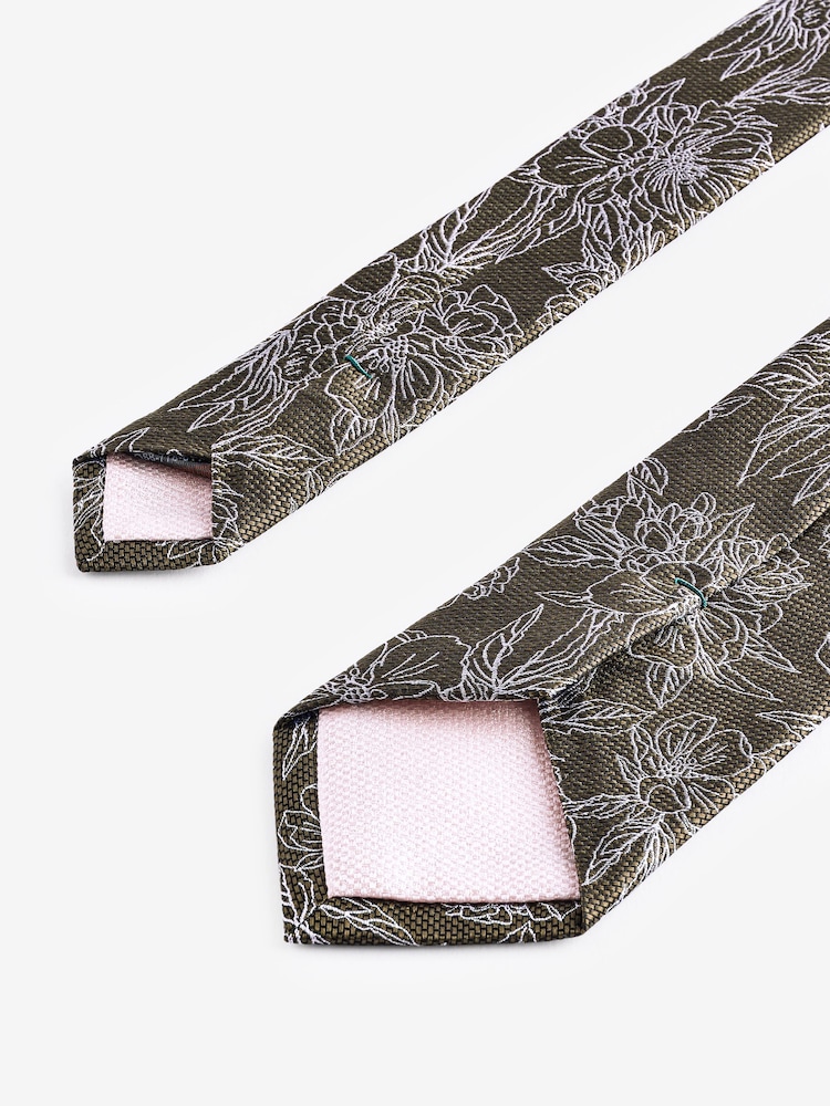 Textured Green Floral Silk Pattern Tie - Image 3 of 3