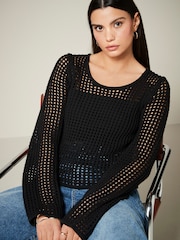 Black Open Stitch Detail Knitted Top - Image 1 of 6
