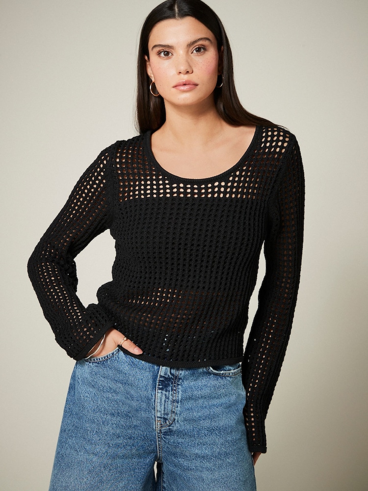 Black Open Stitch Detail Knitted Top - Image 2 of 6