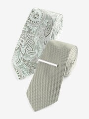 Sage Green Paisley Textured Tie And Clips 2 Pack - Image 1 of 8