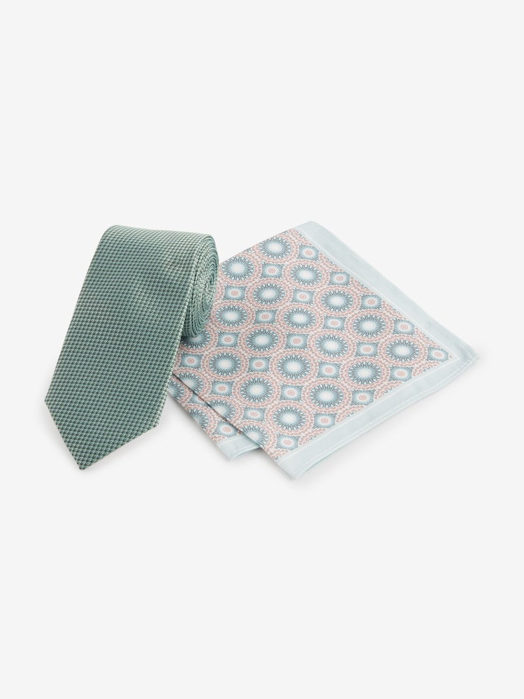 Sage Green Tie And Geometric Pocket Square Set - Image 1 of 5
