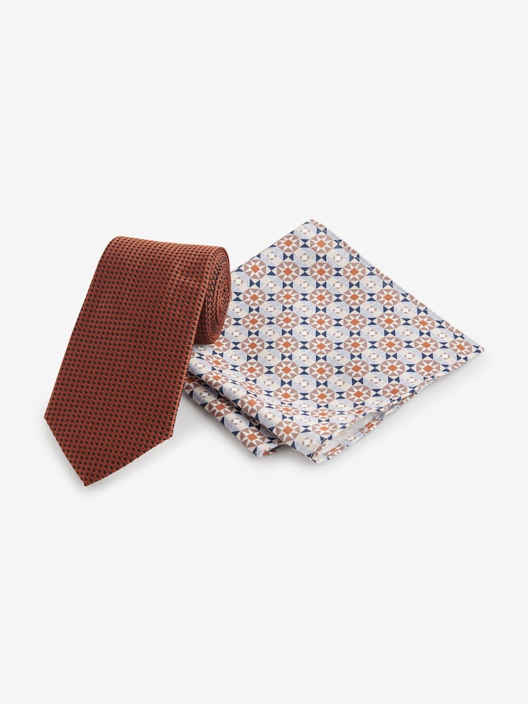 Rust Orange Slim Tie And Geometric Pocket Square Set - Image 1 of 5
