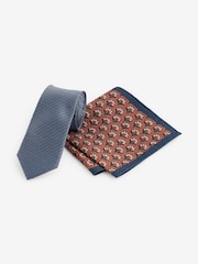Blue/Rust Brown Slim Tie And Geometric Pocket Square Set - Image 1 of 4