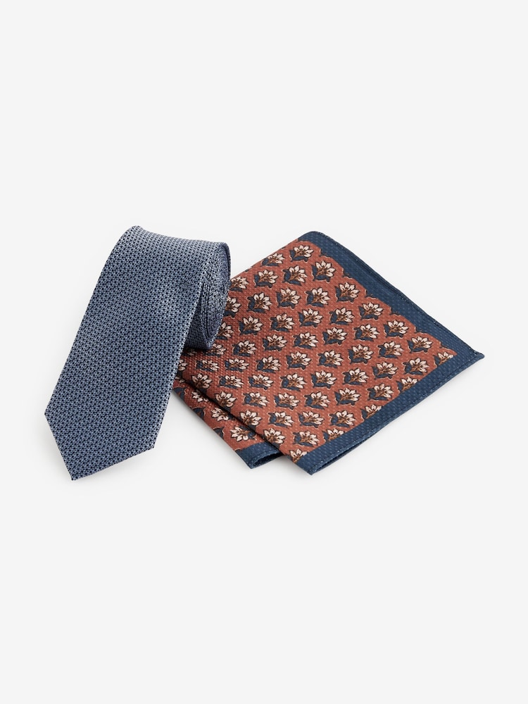 Blue/Rust Brown Slim Tie And Geometric Pocket Square Set - Image 1 of 4