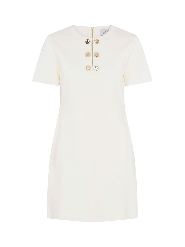 Gina Bacconi White Jinny Button Split Neck A-Line Dress - Image 7 of 7
