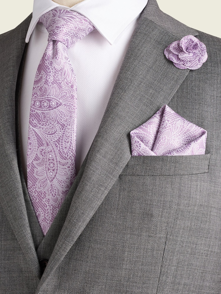 Lilac Purple Textured Paisley Tie, Pocket Square And Pin Set - Image 1 of 6