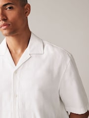 White Textured Short Sleeve Shirt with Cuban Collar - Image 1 of 8