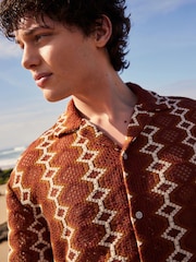 Rust Orange Stripe Crochet Short Sleeve Shirt - Image 1 of 8