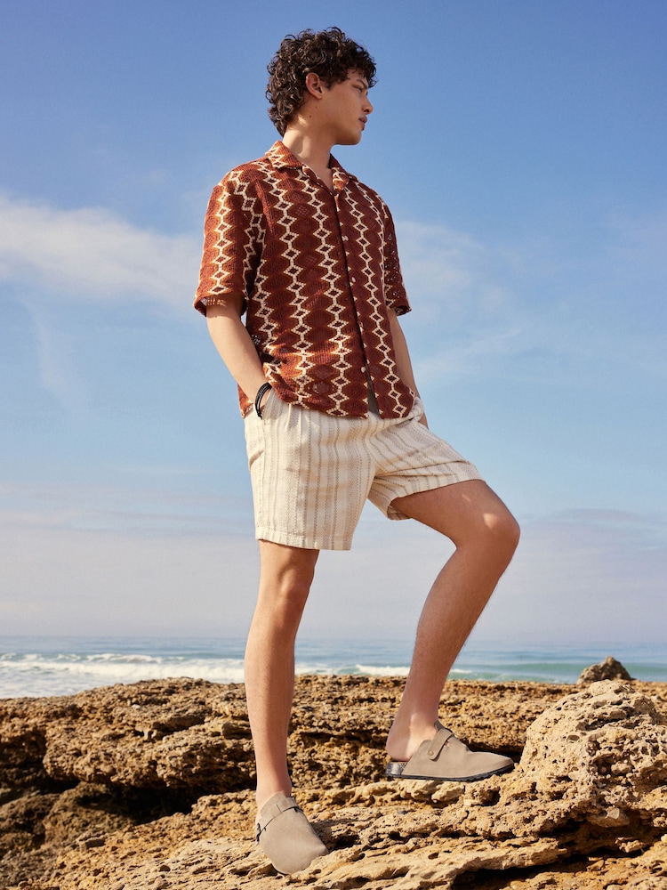 Rust Orange Stripe Crochet Short Sleeve Shirt - Image 2 of 8