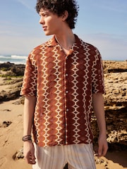Rust Orange Stripe Crochet Short Sleeve Shirt - Image 4 of 8