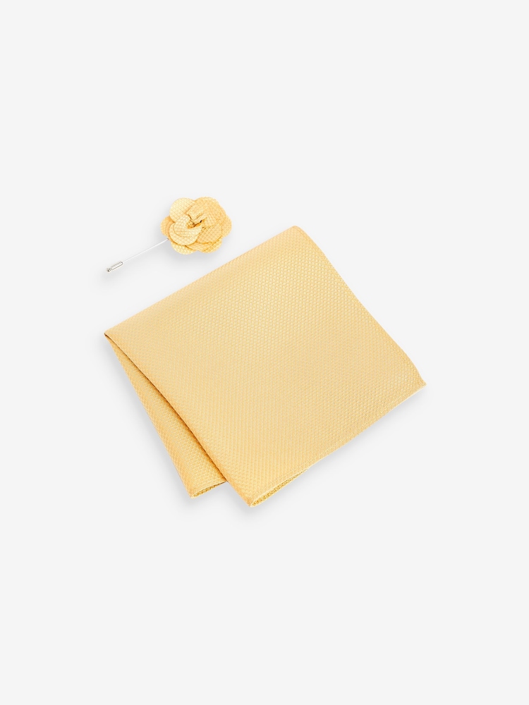 Yellow Textured Silk Lapel Pin And Pocket Square Set - Image 1 of 3