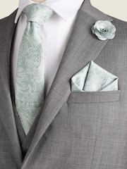 Sage Green Textured Paisley Tie, Pocket Square And Pin Set - Image 1 of 7