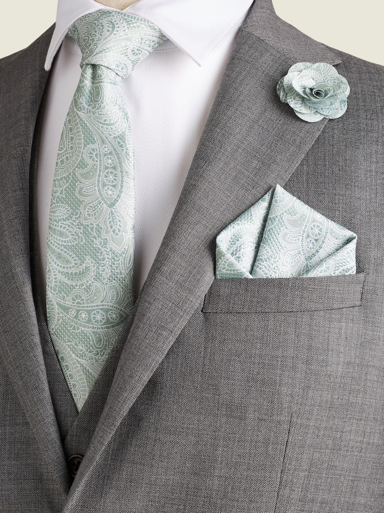 Sage Green Textured Paisley Tie, Pocket Square And Pin Set - Image 1 of 7