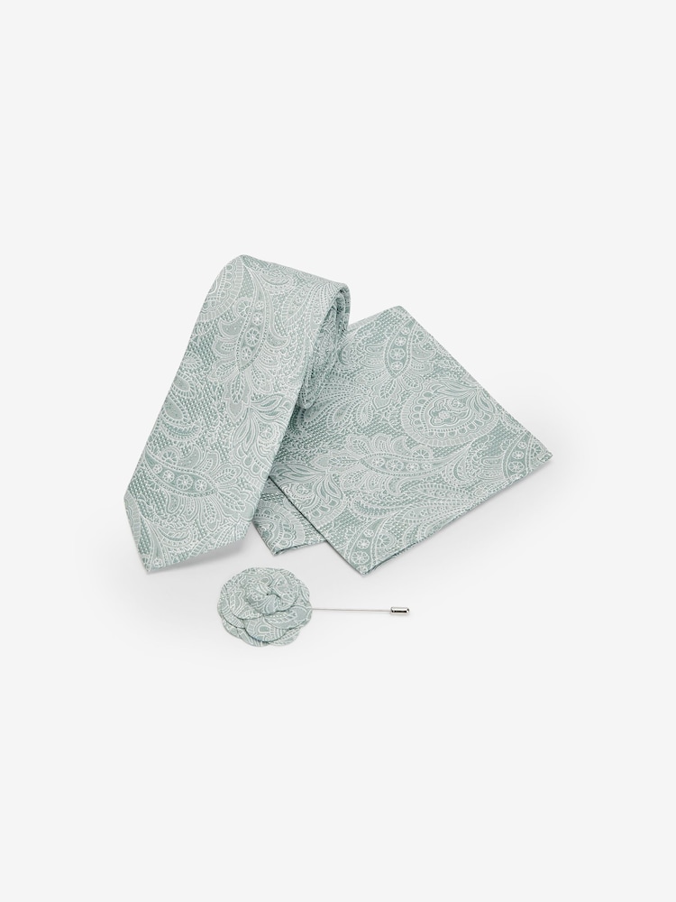 Sage Green Textured Paisley Tie, Pocket Square And Pin Set - Image 2 of 7
