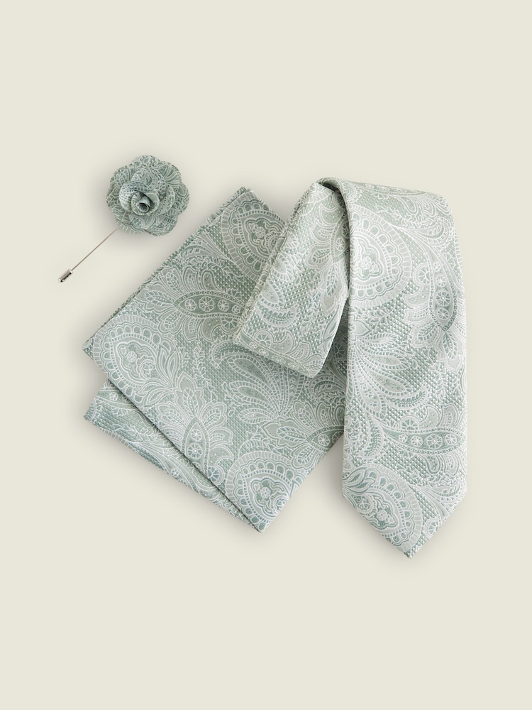 Sage Green Textured Paisley Tie, Pocket Square And Pin Set - Image 7 of 7