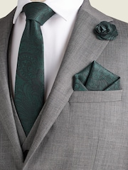 Forest Green Textured Paisley Tie, Pocket Square And Pin Set - Image 1 of 6