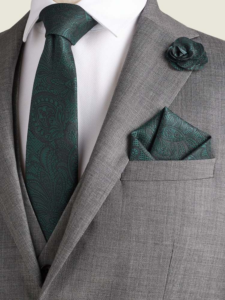 Forest Green Textured Paisley Tie, Pocket Square And Pin Set - Image 1 of 6